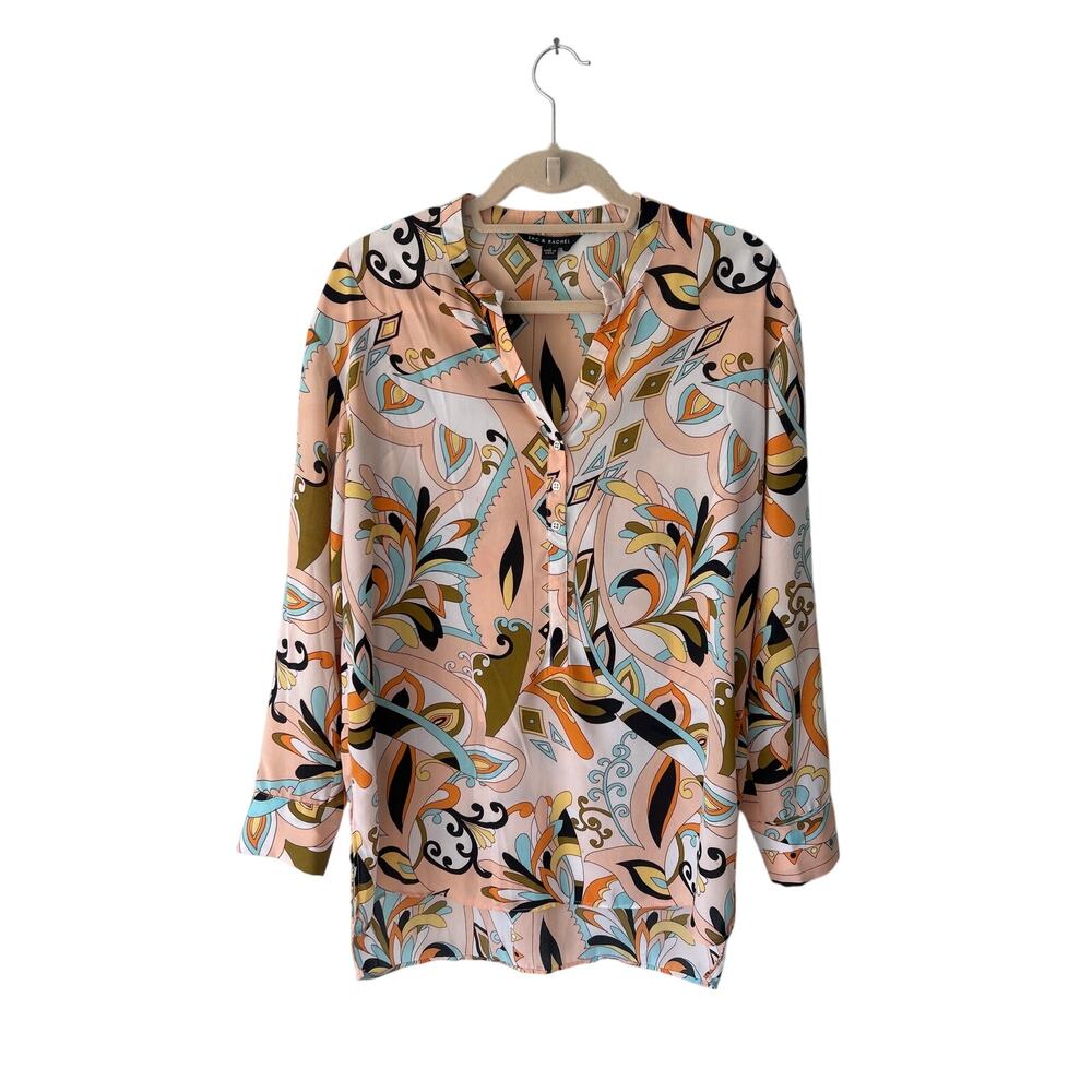 Zac & Rachel Retro Print Semi Sheer Long Sleeve Tunic Mini Dress Small